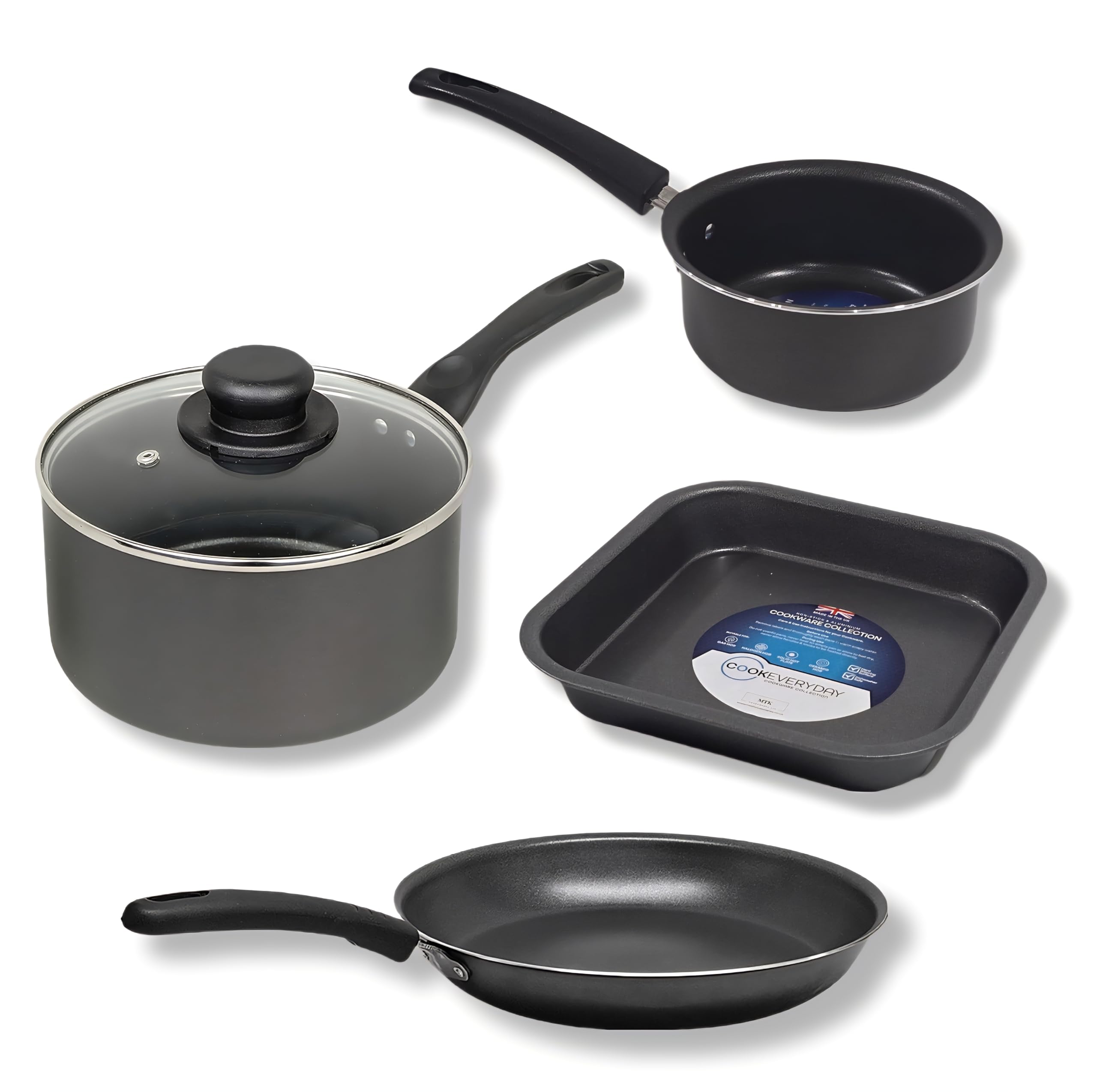 4-Piece Non-Stick Home Starter Cookware Set, 18cm Saucepan with Lid, 15cm Milk Pan, 24cm Frying Pan, 21cm Square Baking Pan, UK Made Perfect for University Students