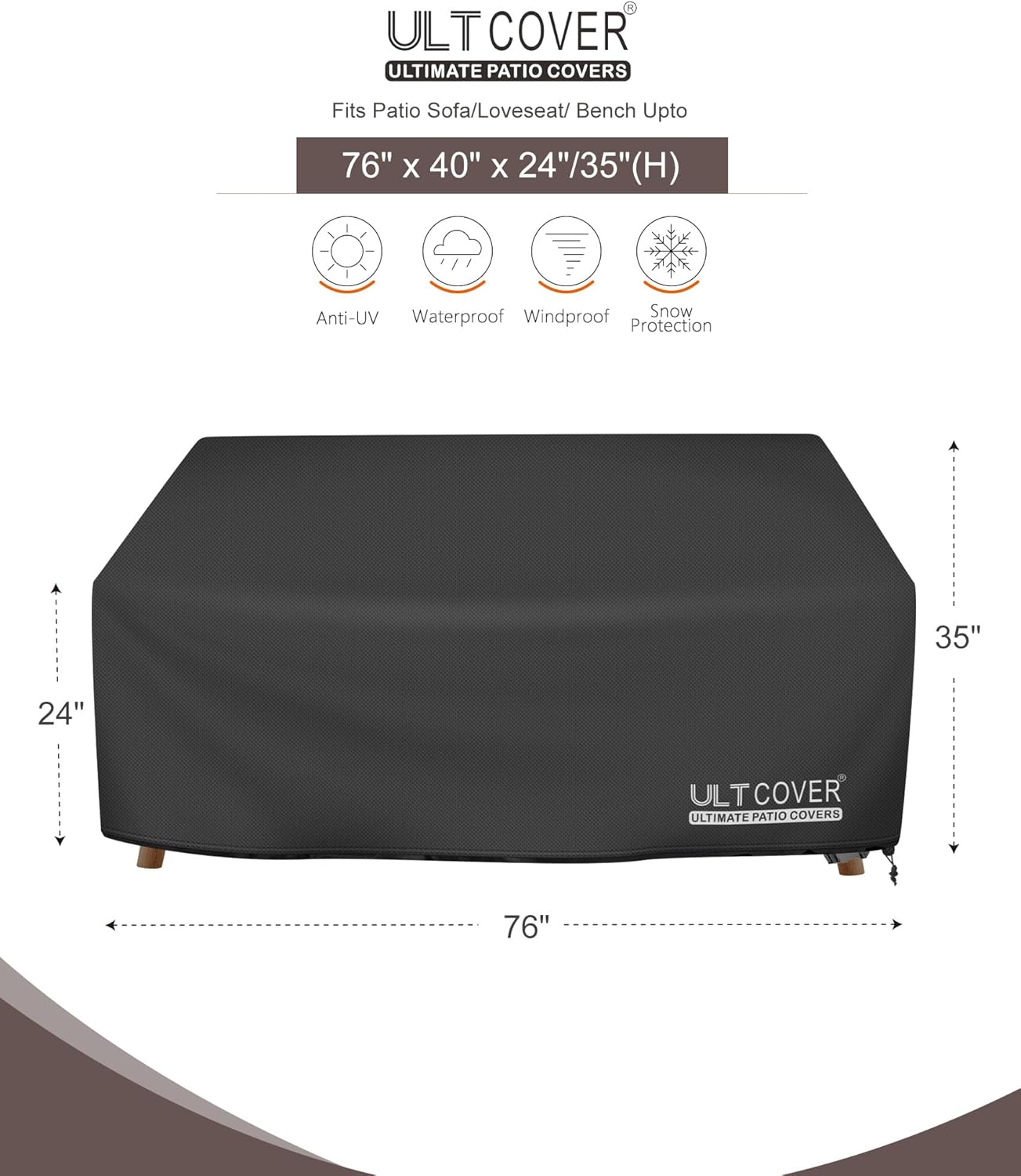 ULTCOVER Waterproof Outdoor Deep Seat Sofa Bench Cover 76W x 40D x 35H inch Patio Furniture Couch Cover, Black