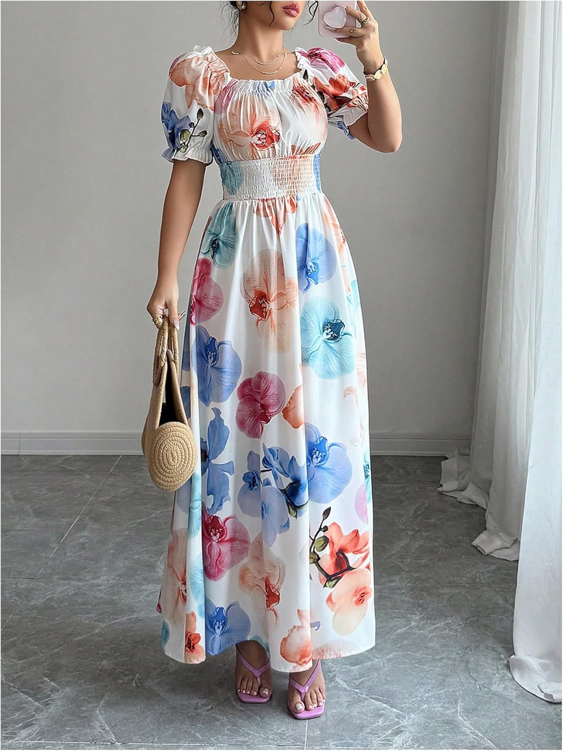 WDIRARA Women's Floral Ruffle Flowy Maxi Dress Square Neck Puff Sleeve Smocked A Line Dresses - Image 5