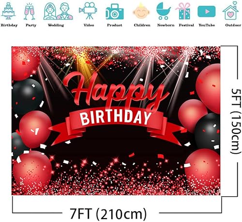 Miniatura 2 de AIIKES Telón de fondo de feliz cumpleaños de 7 x 5 pies, globos rojos con purpurina para niñas y mujeres, telón de fondo de fotografía, decoración