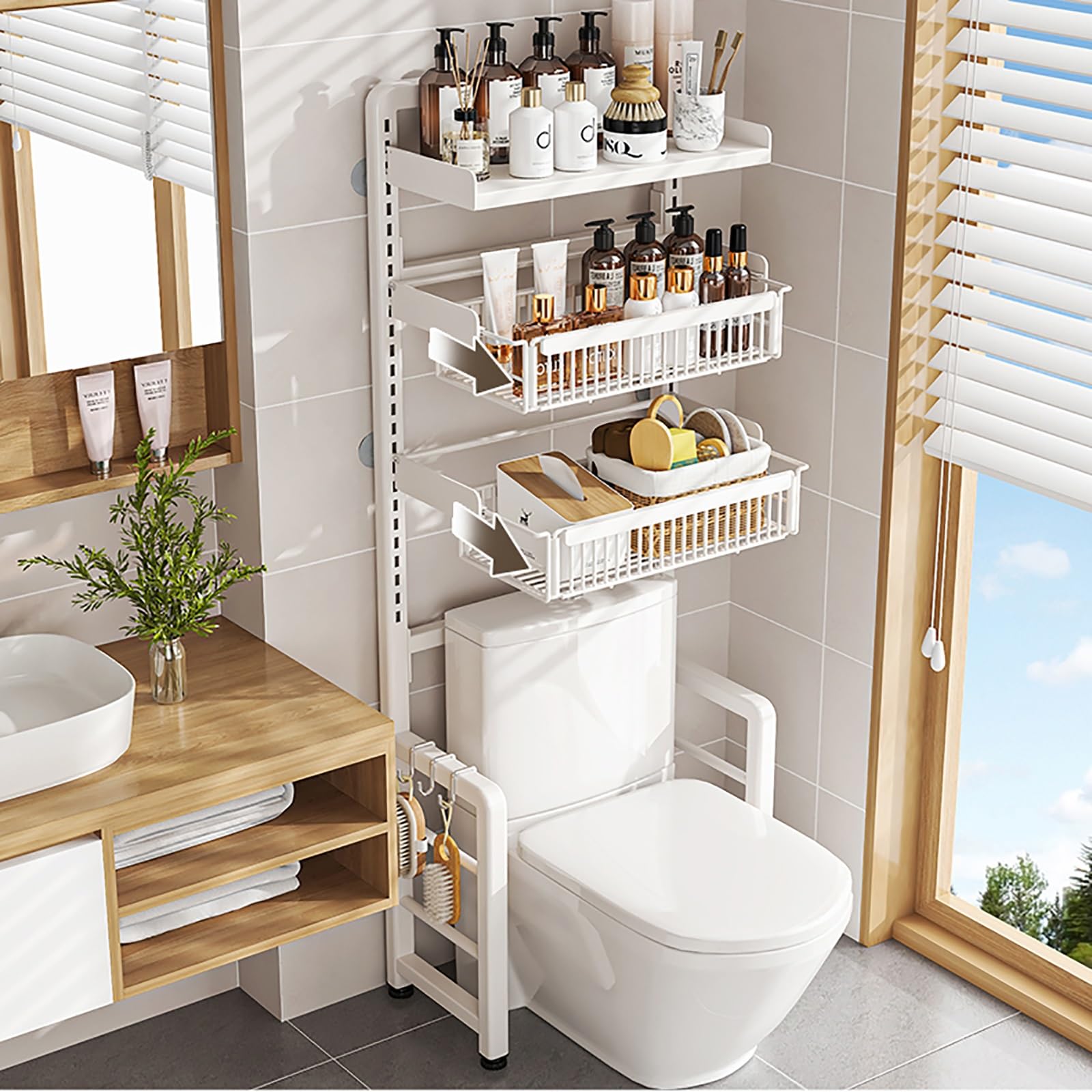 Über-der-Toilette-Aufbewahrungsschrank, Verstellbarer 3-Stufiger Toilettenregal, Stabiler Freistehender Toilettenschrank, für Küche und Bad