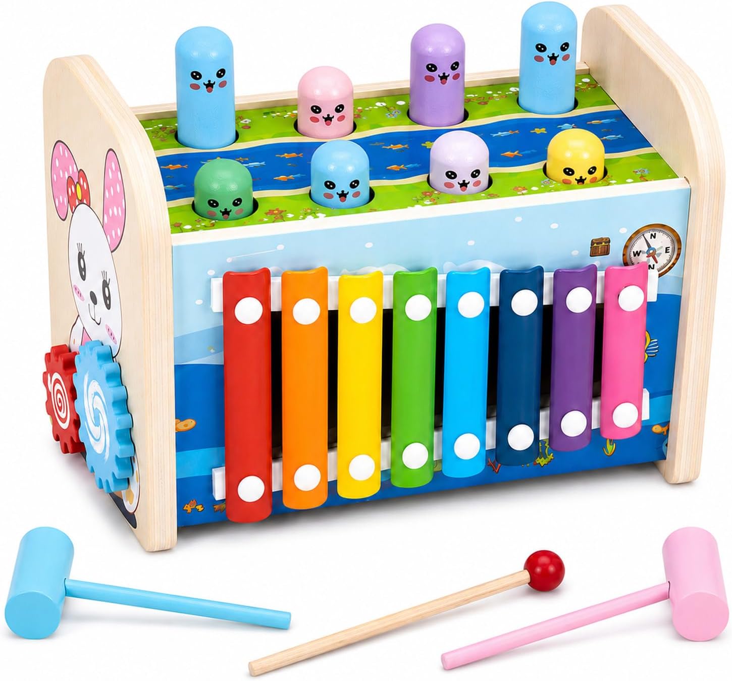 4-in-1 Wooden Hammering Toy with Xylophone, Clock and Gears, Ages 3+ | Interactive pop-up pegs for continuous cause-and-effect play and hand-eye coordination