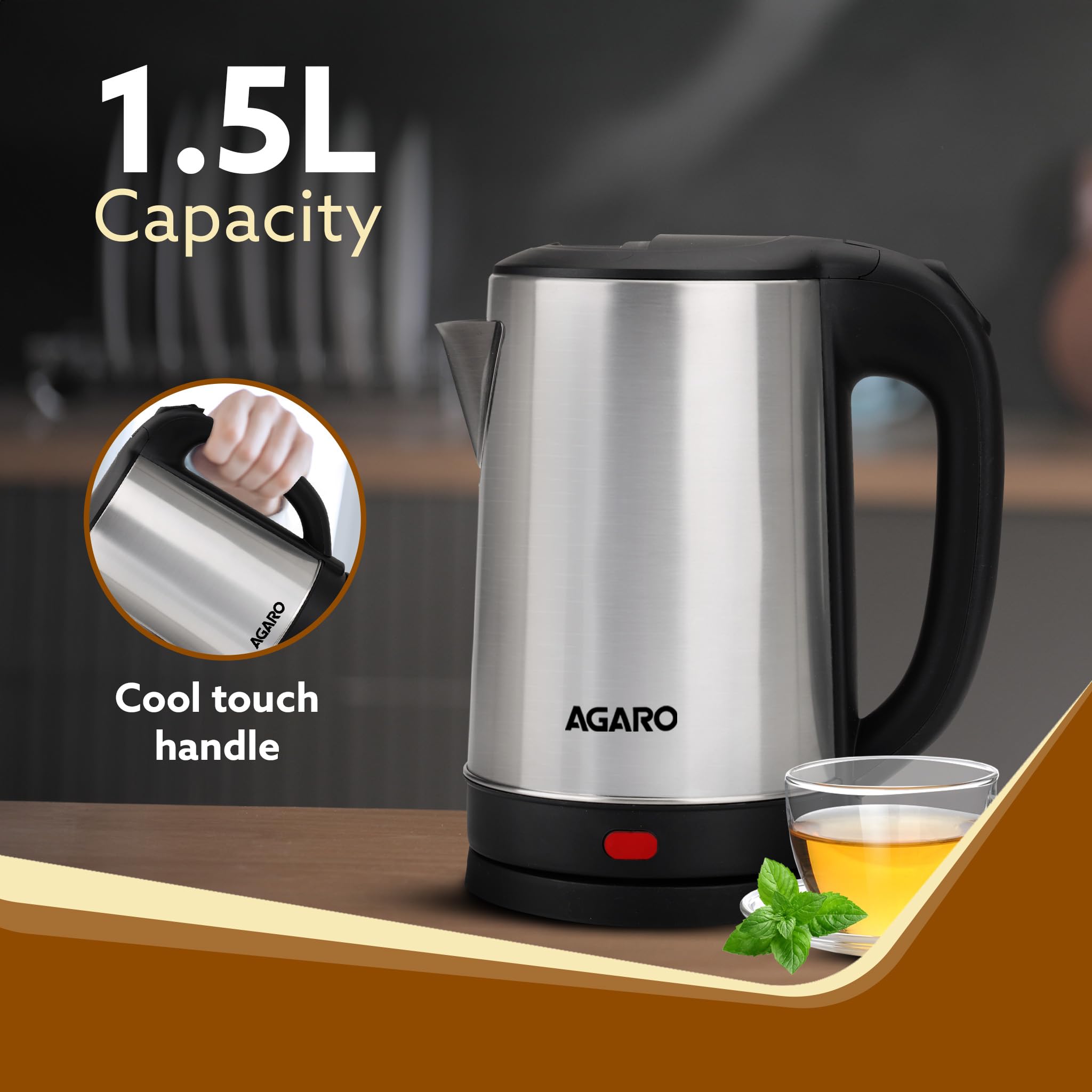 AGARO Sonnet Electric Kettle, 1.5L, 1500W, Stainless Steel Body, Quick Boil, Water Boiler, Hot Water Kettle , For Making Black Tea & Black Coffee, Instant Noodles, Auto Shut Off, Cool Touch Handle 1