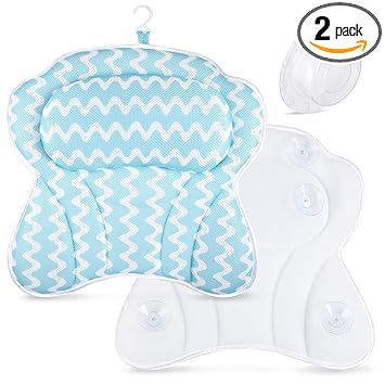 Bath Pillow for Tub or Spa. Bonus Added Drain Overflow Cover. Made from Washable Quilted Mesh for Comfort and Support. Quick Drying Holds Securely with Suction Caps. Fill Your Bath to the Brim.