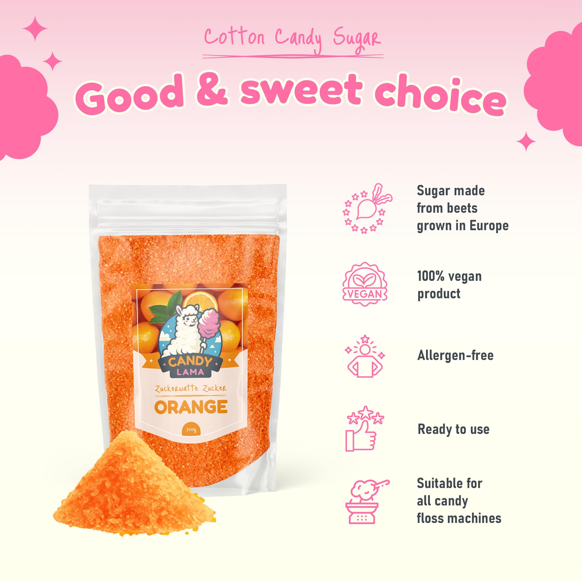 CANDY LAMA Sucre Barbe à Papa pour machine 5 x 250 gr Poudre Barbapapa Arômes Naturels - Lot de 5 Goûts (Baies/Orange/Noix de coco/Pastèque/Chocolat au lait) + 50 Bâtonnets