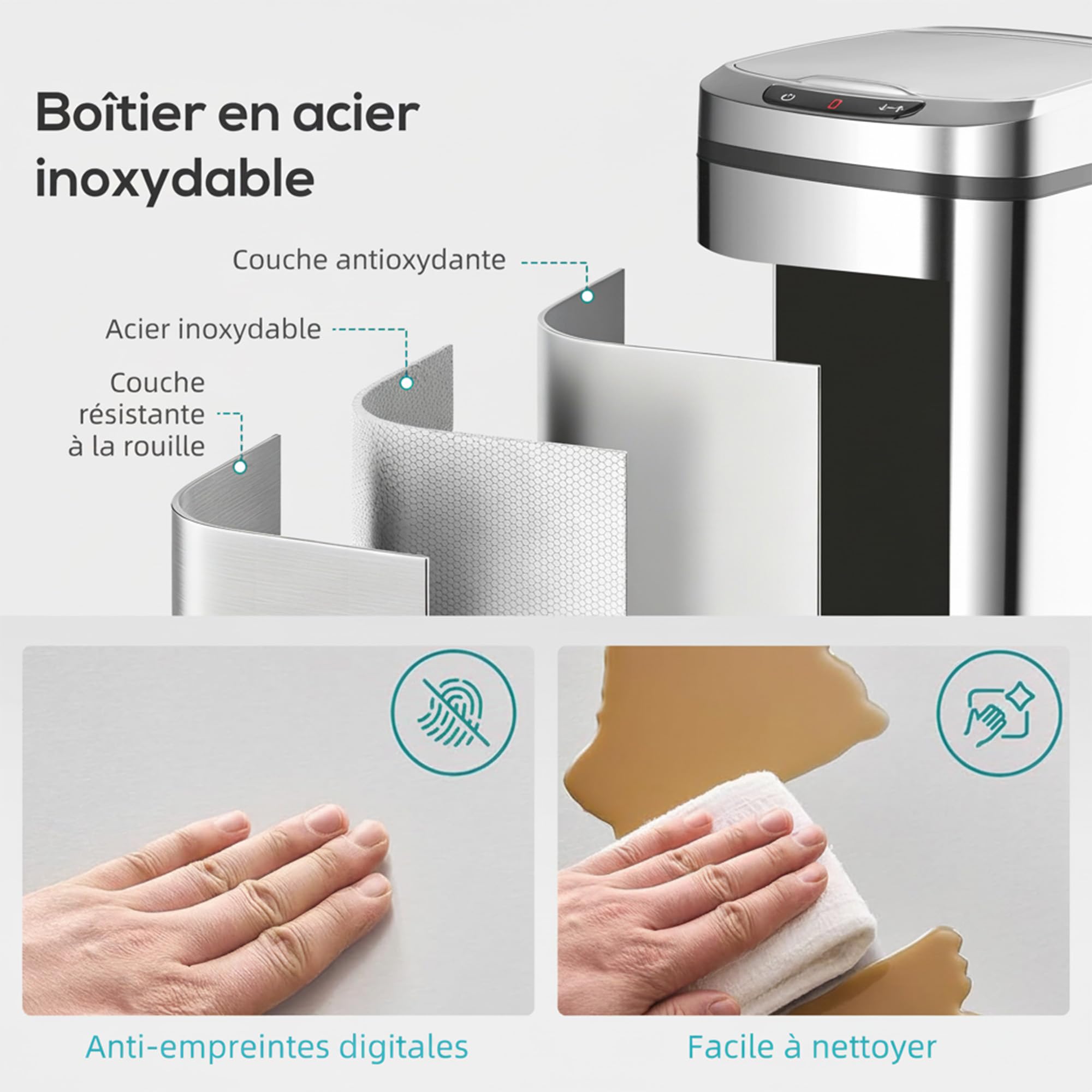 HOMCOM Poubelle de cuisine automatique 12 L en acier inoxydable, poubelle à capteur de mouvement sans contact avec couvercle, anti-traces de doigts, pour maison, salon, bureau, argent