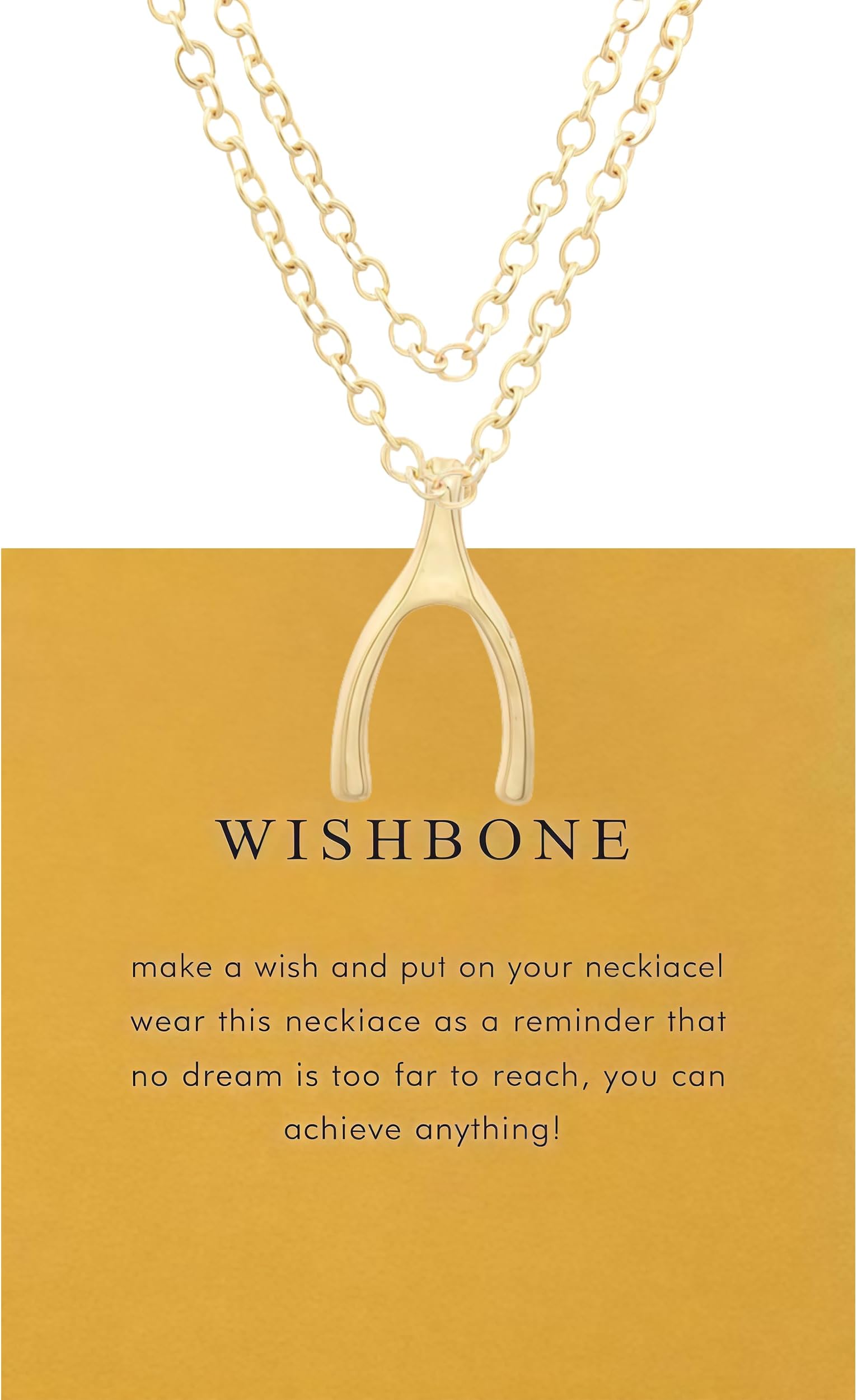 WishBone Necklace For Women, Two Layer Chain Gold Stack Necklaces Make A Wish Good Luck Friendship Jewelry Gift Card