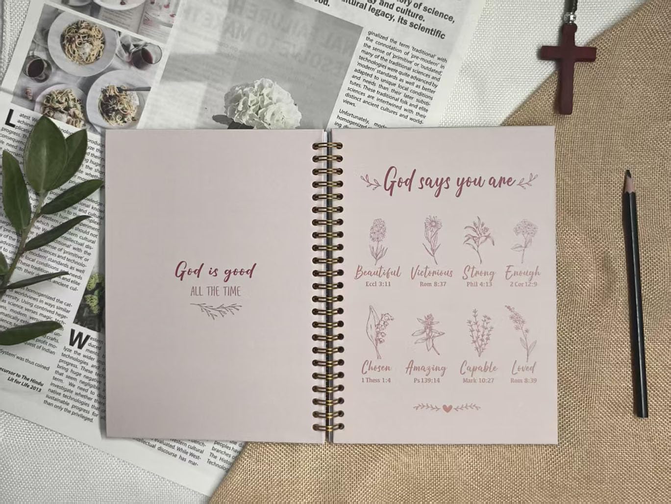 Cuadernos cristianos en espiral para mujer, diario de oración de estudio bíblico, lácteos con Dios dice, 140 páginas, cuaderno de tapa dura encuadernado en espiral, con rayas universitarias, regalos