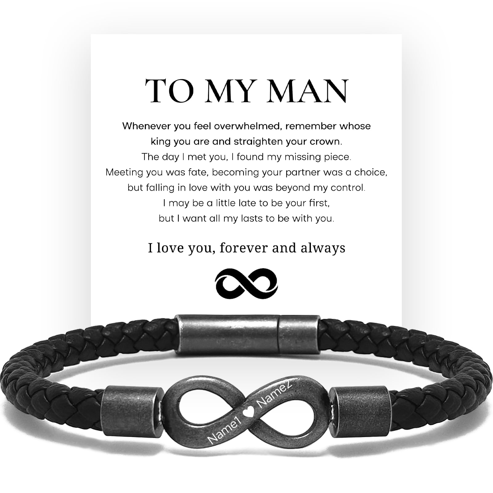 to My Man, Personalized Dual Name Infinity Leather Bracelet, I Love You Forever and Always Personalized Custom Name Stainless Steel Braided Bracelet for Men (Personalized Dual Name 02)