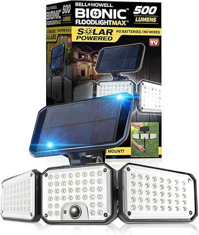 BellHowell Bionic Flood Light AS SEEN ON TV, 500 Lumen Deluxe Version Bionic Floodlight, LED Solar Flood Lights Outdoor Motion Sensor Waterproof Solar Security Lights with 360 3 Panel Design