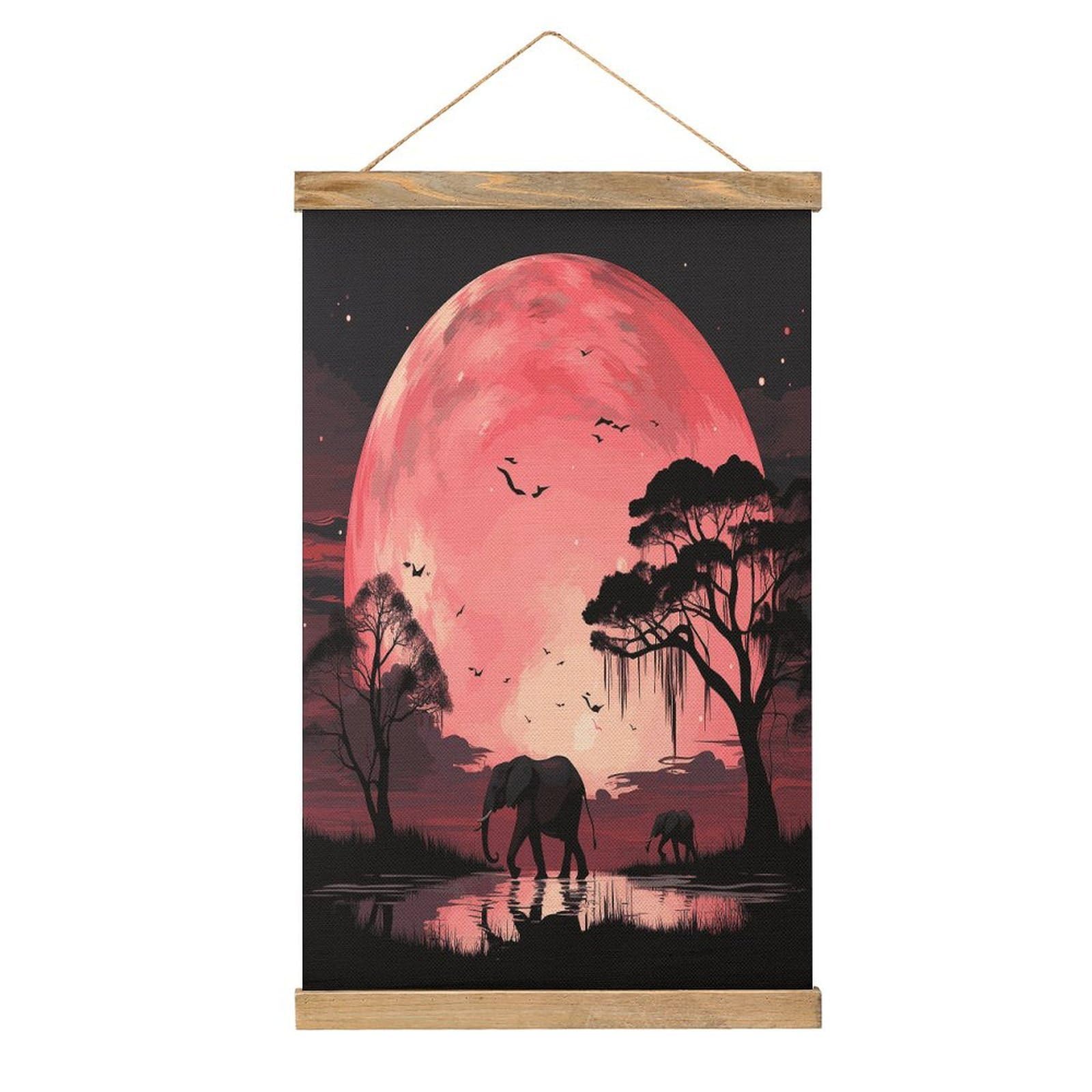 JTREHY Pink Moon Elephant Linen Hanging Painting Vintage Poster Wall Art Prints Personality Style Wall Hanging Poster for Living Room Office Bedroom Decor Frame 13.2 X 20.47 Inch