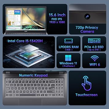 acer Aspire 5 Laptop,15.6 FHD IPS Touchscreen Laptop PC for Student & Business,Intel Core i5-13420H, 8GB LPDDR5 RAM, 1TB SSD, Webcam, Wi-Fi 6, HDMI,w/Accessory, with Lifetime Office Win 11 Home