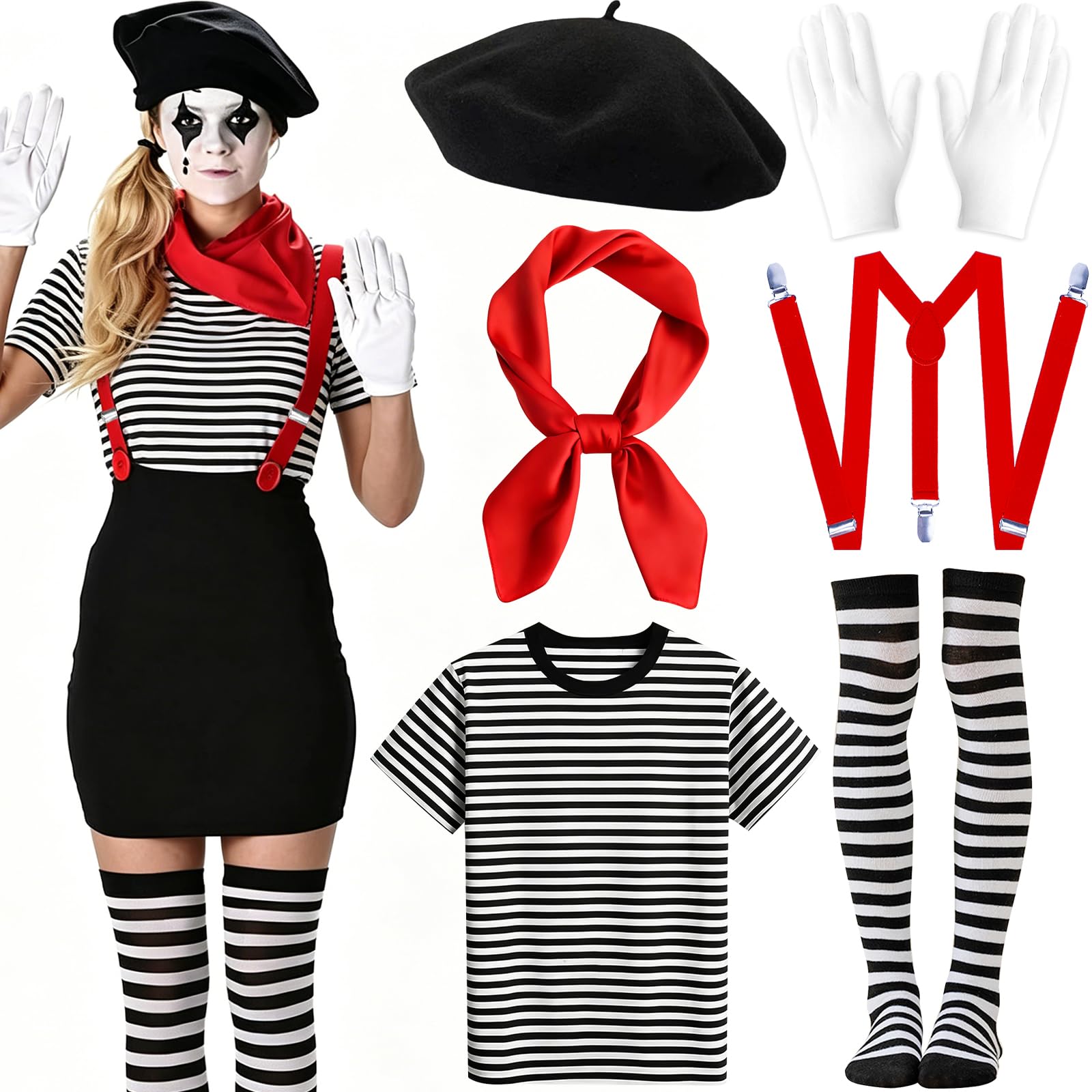 KMLGY 6 Pcs Mime Costume Set for Men Women, French Pantomime Artist Fancy Dress with Beret, Scarf, Gloves, Stockings, Suspenders and Black White Striped Top (L)