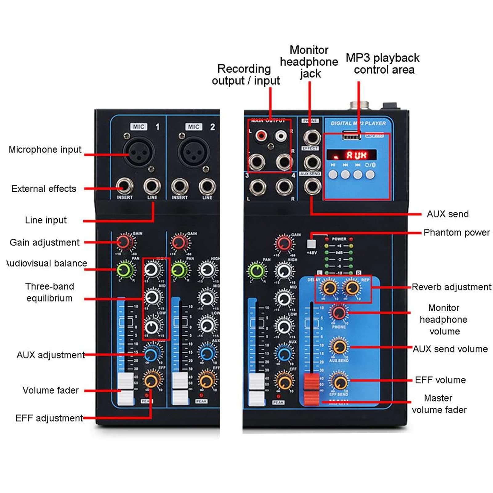 7-kanałowy mikser audio konsola miksująca dźwięk stereo Bluetooth USB nagrywanie komputerowe odtwarzanie zasilanie fantomowe USB cyfrowy mikser audio wzmacniacz dla Party Studio