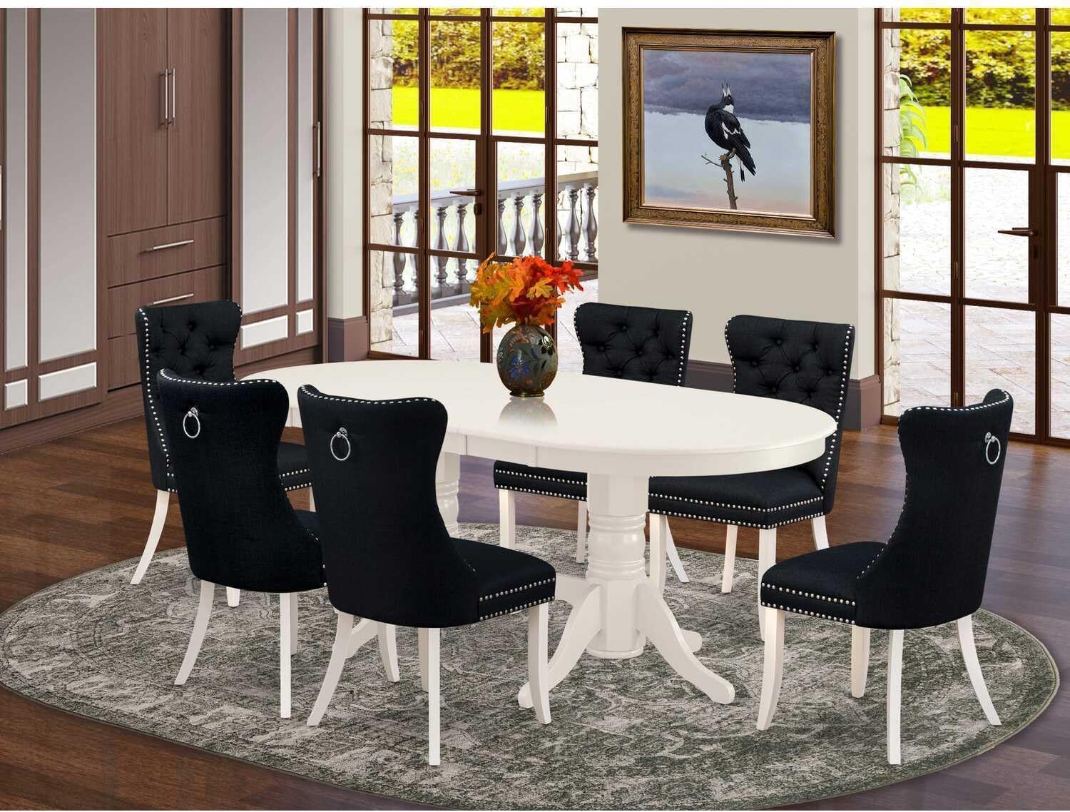 HomeStock Linen White Dining Table Set with 6 Wooden Chairs - Oval Kitchen Table White & Black/38 Chair