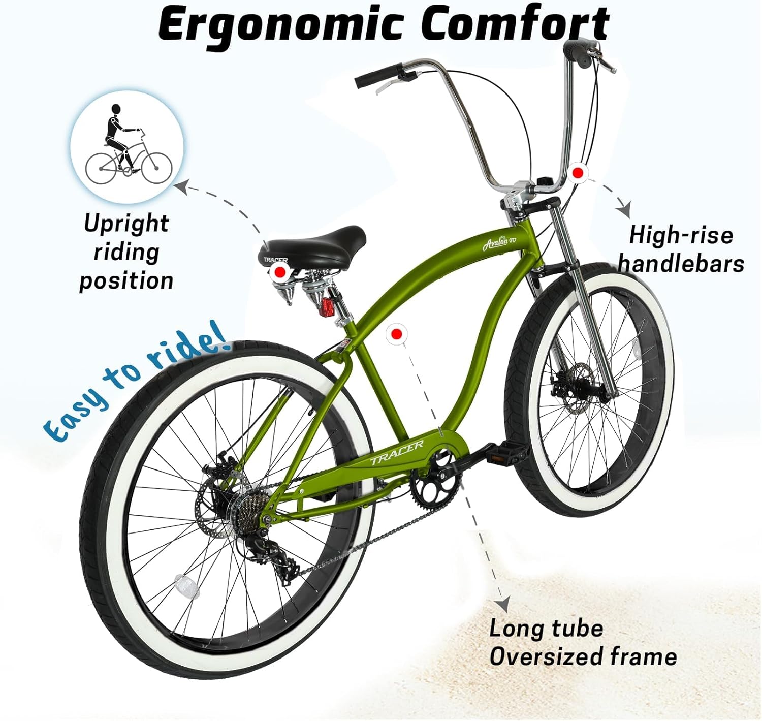 Tracer Avalon 26 & 29 Inch Beach Cruiser Bike for Adults, 1/7-Speed Coaster/Disc Brake 3.0/4.0 Fat Tire Cruiser Bike Low Step-Through Frame, Tree Fork Suspension City Hybrid Bike