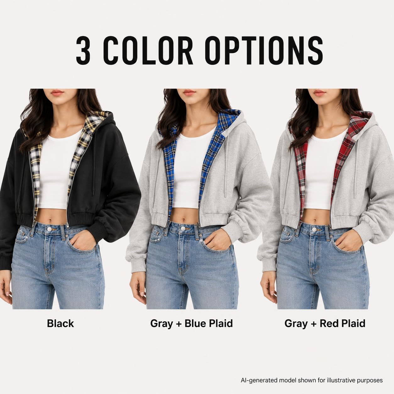 Generisch Chaqueta corta con capucha para mujer con cremallera patchwork manga larga