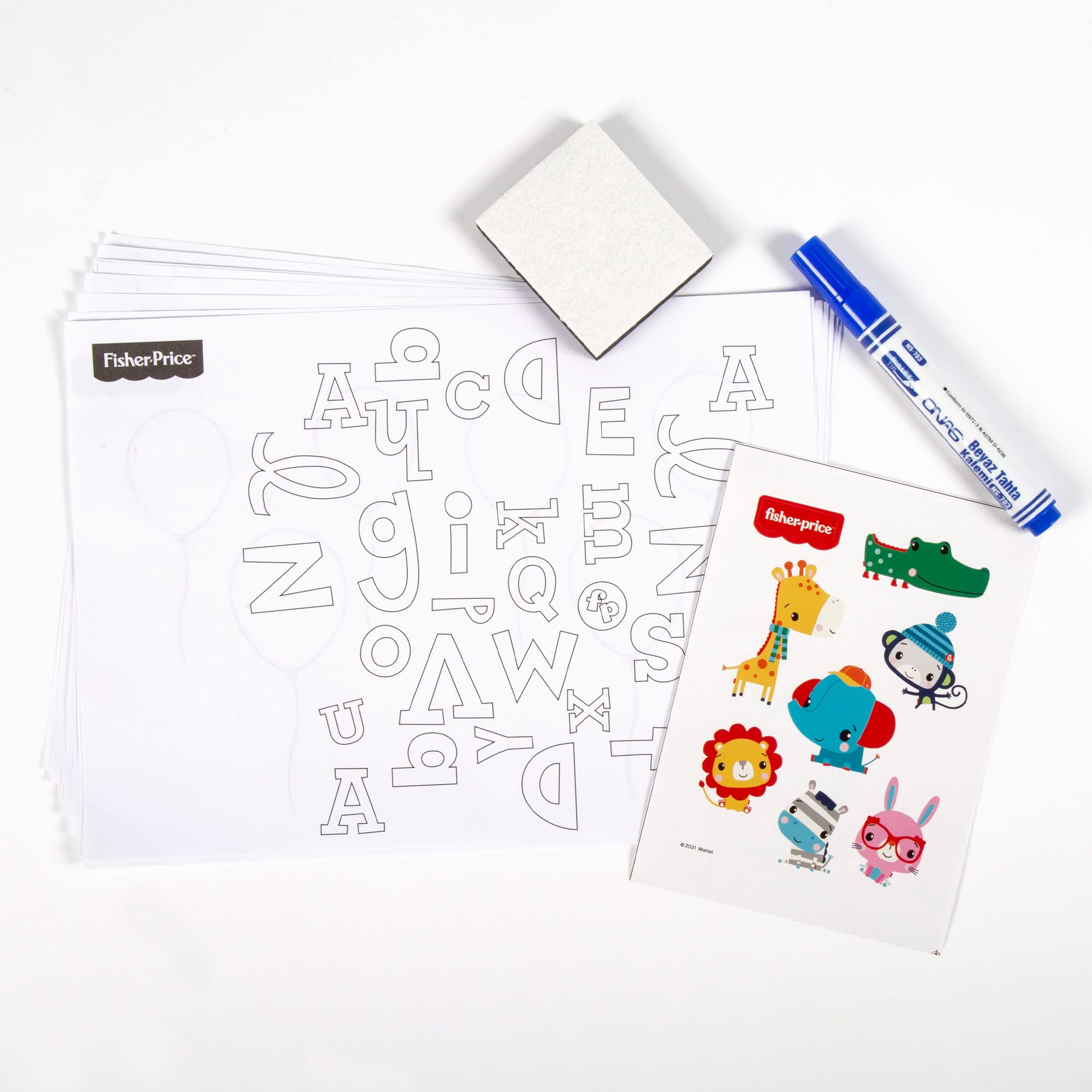 COLORBABY 77424, Fisher-Price Tableau blanc avec chevalet, 10 feuilles et autocollants, Tableau blanc pour enfants, jouets éducatifs, cadeaux pour enfants