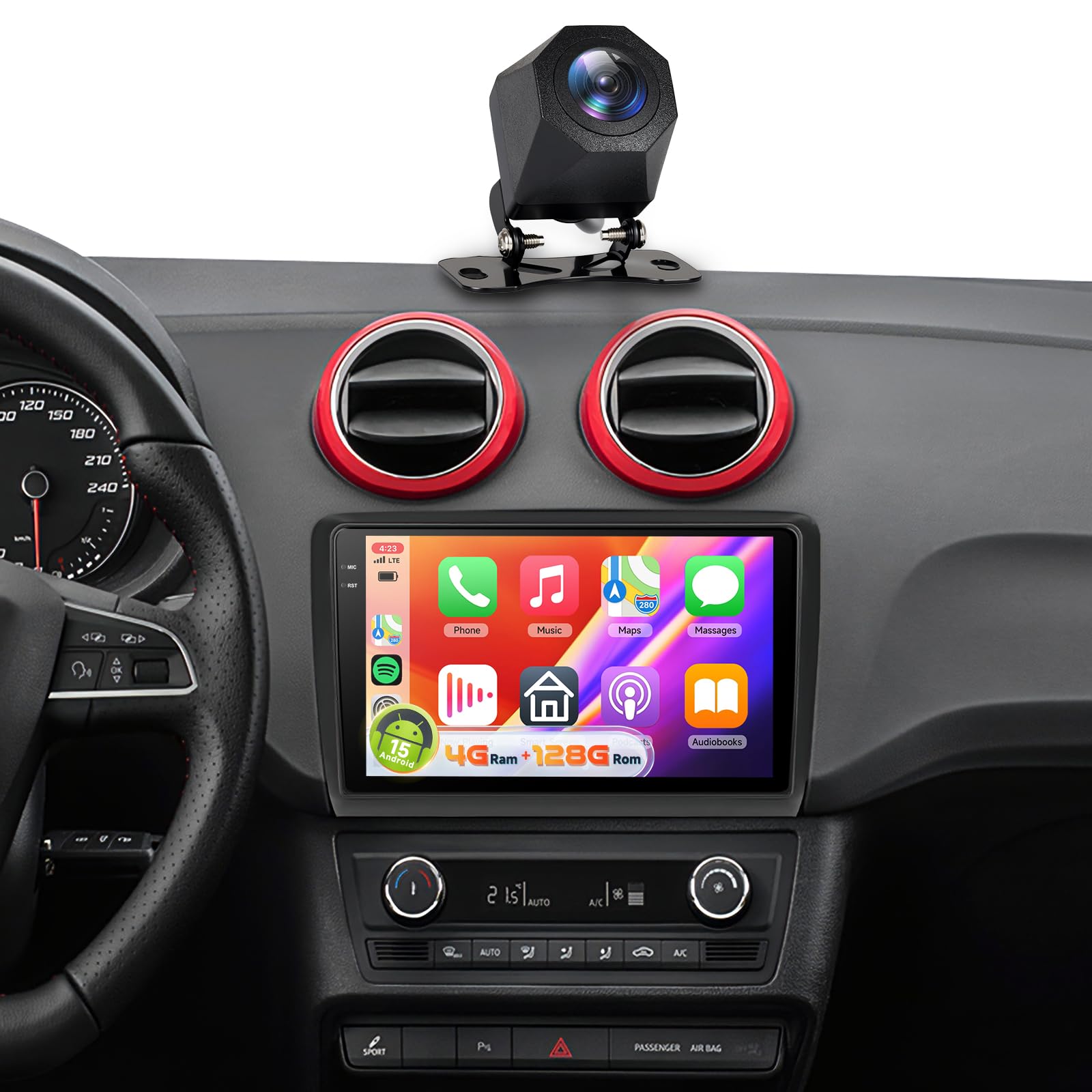 【4+128G】 Hodozzy Carplay Radio Coche para Seat Ibiza 2016-2017,Pantalla In-Cell de 9 Pulgadas con Bluetooth 5.0/Android Auto/DSP/GPS/WiFi/RDS/FM+Cámara de Marcha Atrás