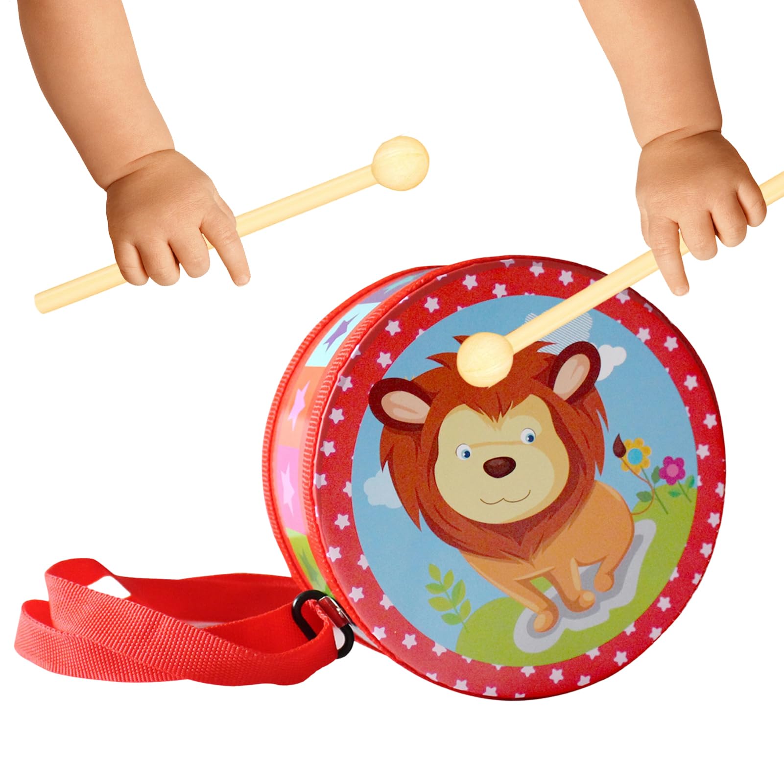 Tambor para niños, instrumento musical de madera con correa y palos, 15 cm, juego de tambor de madera, juguete ideal para niños a partir de 3 años, campana, bebés, aprendizaje educativo