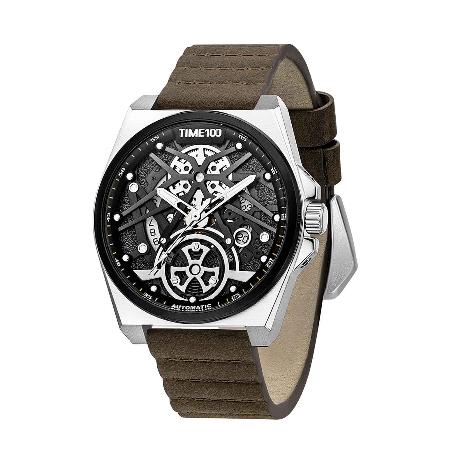 TIME100 Orologio Uomo Automatico Scheletrato Rettangolare/Rotondo Pelle Vera 30M