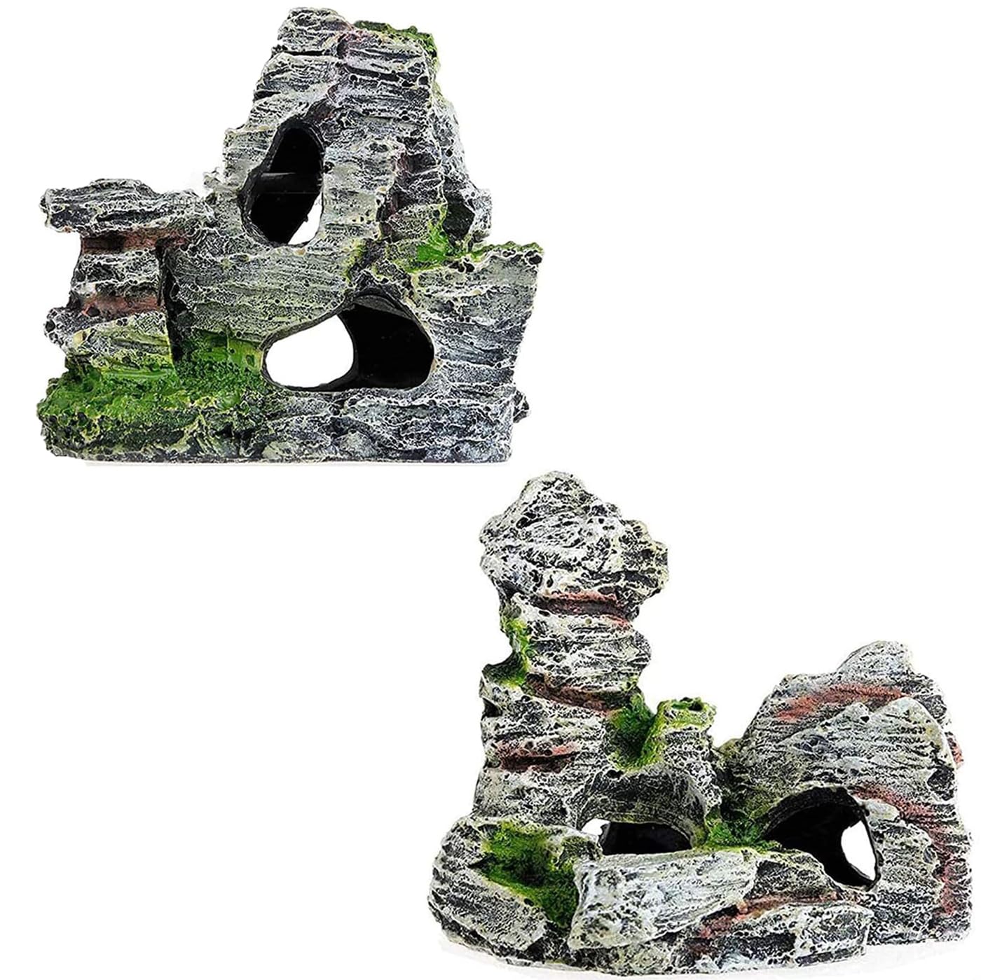 JINGLOUA 2Pcs Fish Tank Rockery Hiding Cave Decoration,Aquarium Stone Ornaments,with Green Grass,Resin Aquascape Accessories,for Shrimp,Aquatic Pets Reptile Habitat