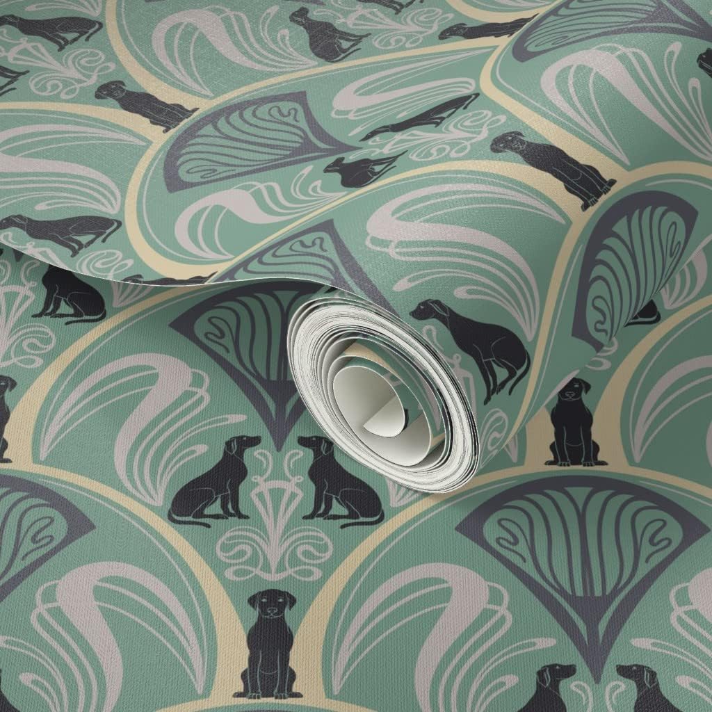 Peel & Stick Wallpaper Swatch - Art Nouveau Black Labrador Retrievers Mint Green Vintage Animals Deco Dogs Elegant Custom Removable Wallpaper by Spoonflower