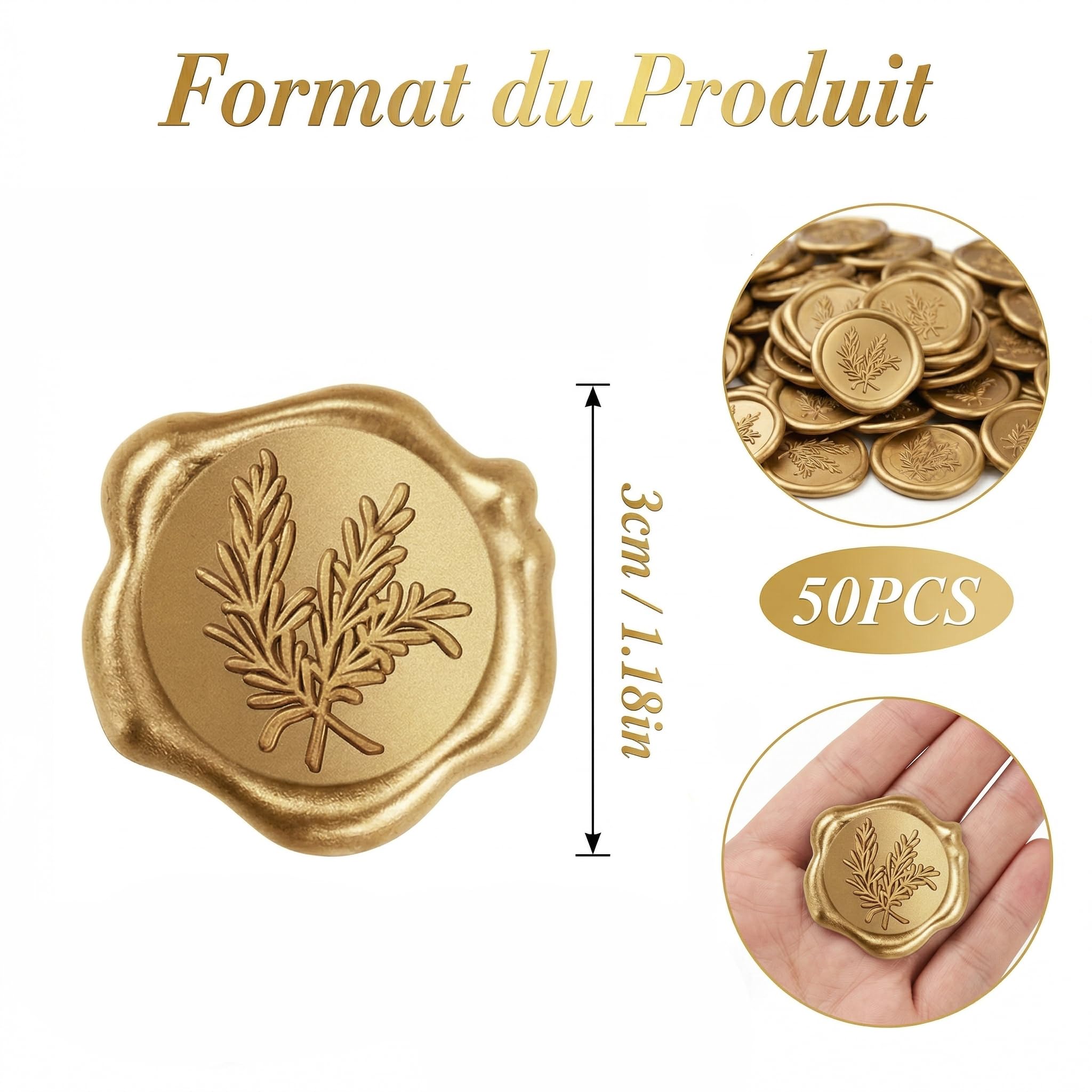 Sceau de Cire Doré Adhésif Fort, 50 Pièces Cachet de Cire Autocollant pour Enveloppe Invitation Mariage