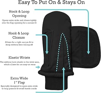 N'Ice Caps Kids Waterproof Snow Mittens Cold Weather Thinsulate Insulated | Toddler Gloves with Easy-On Extra-Wide Hook and Loop Flap, Durable Grippers Provide Dexterity for Winter Play and Skiing