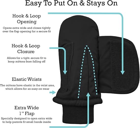N'Ice Caps Kids Waterproof Snow Mittens Cold Weather Thinsulate Insulated | Toddler Gloves with Easy-On Extra-Wide Hook and Loop Flap, Durable Grippers Provide Dexterity for Winter Play and Skiing