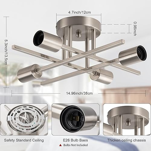 Miniatura 49 de Sputnik Candelabros, lámpara de techo moderna semiempotrada con base E26, lámparas industriales de mediados de siglo para cocina, granja, Negro