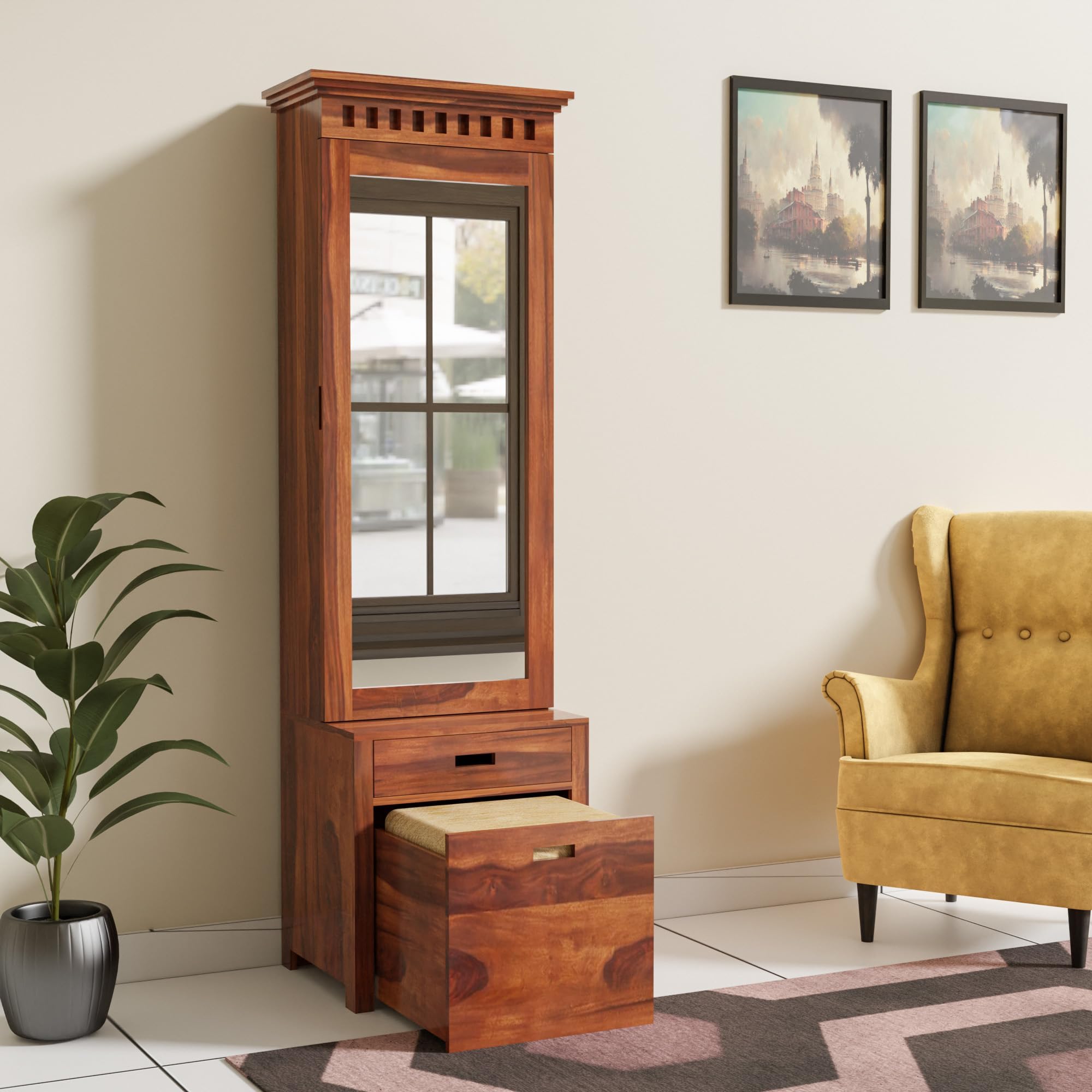 Wood Dressing Table with Mirror and Storage, Dressing Table Bedroom Furniture, Dressing with Drawer and Shelve, Makeup Vanity | Finish Natural