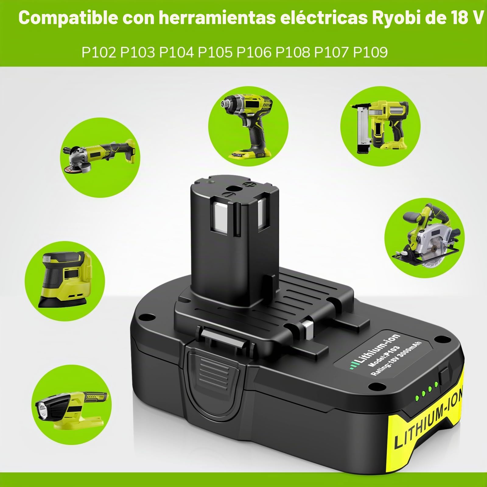 LabTEC P103 18 V 3000 mAh Batería de repuesto para Ryobi BPL1815 P102 P104 P105 P106 con puerto USB P117 Recambio P117 12V-18V One Plus Series, juego de cargadores USB Ryobi P107 P108