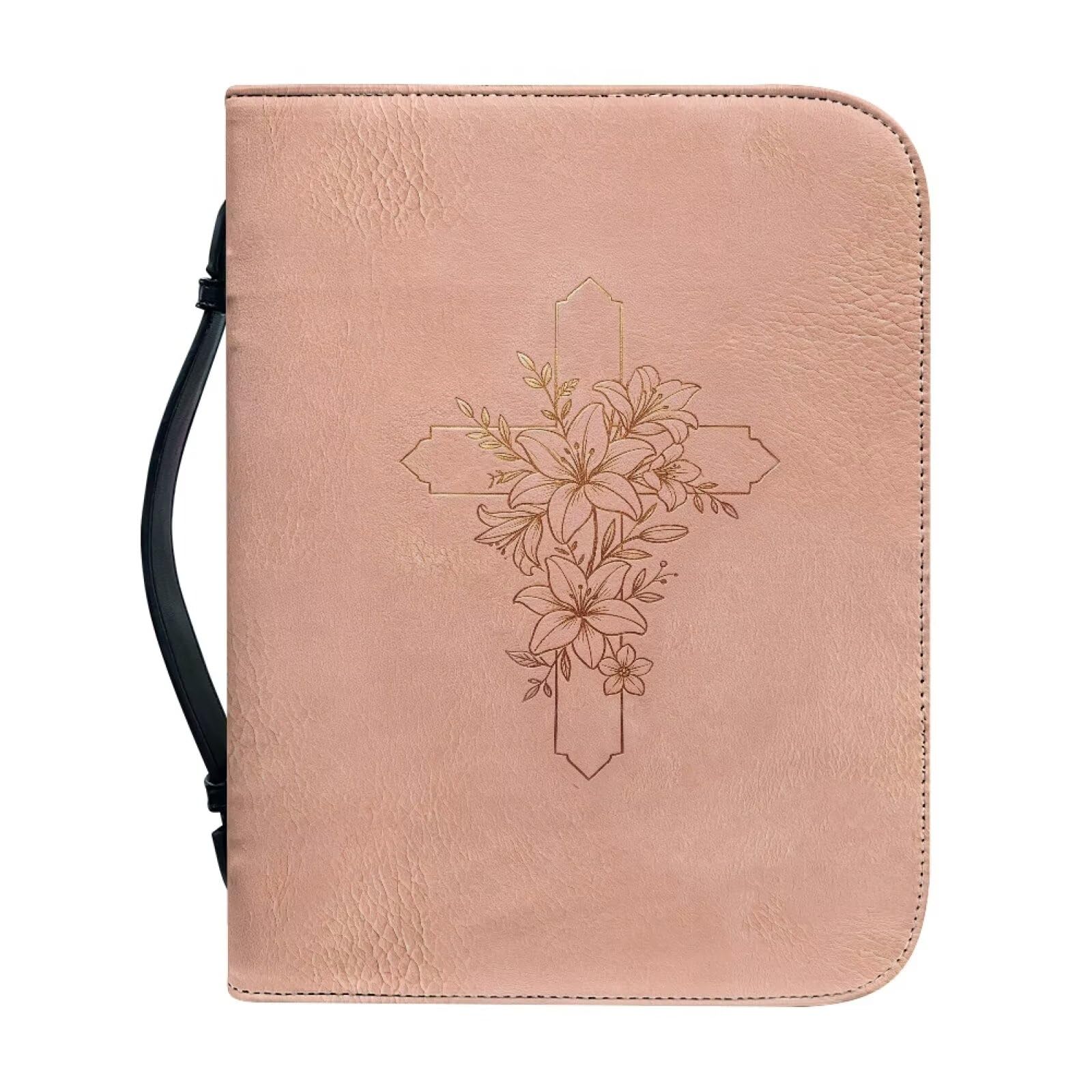 Kuiaobaty Bible Cover for Women with Inside Pockets & Handle, Floral Lily Cross PU Leather Dustproof Bible Carrying Case Religious Gift for Christian
