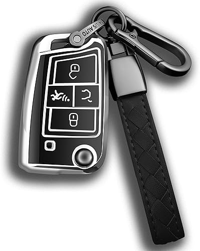 Sindeda Funda para llavero Volkswagen con llavero de protección completa suave compatible con VW Tiguan Golf Jetta Polo Atlas Skoda (plateado)