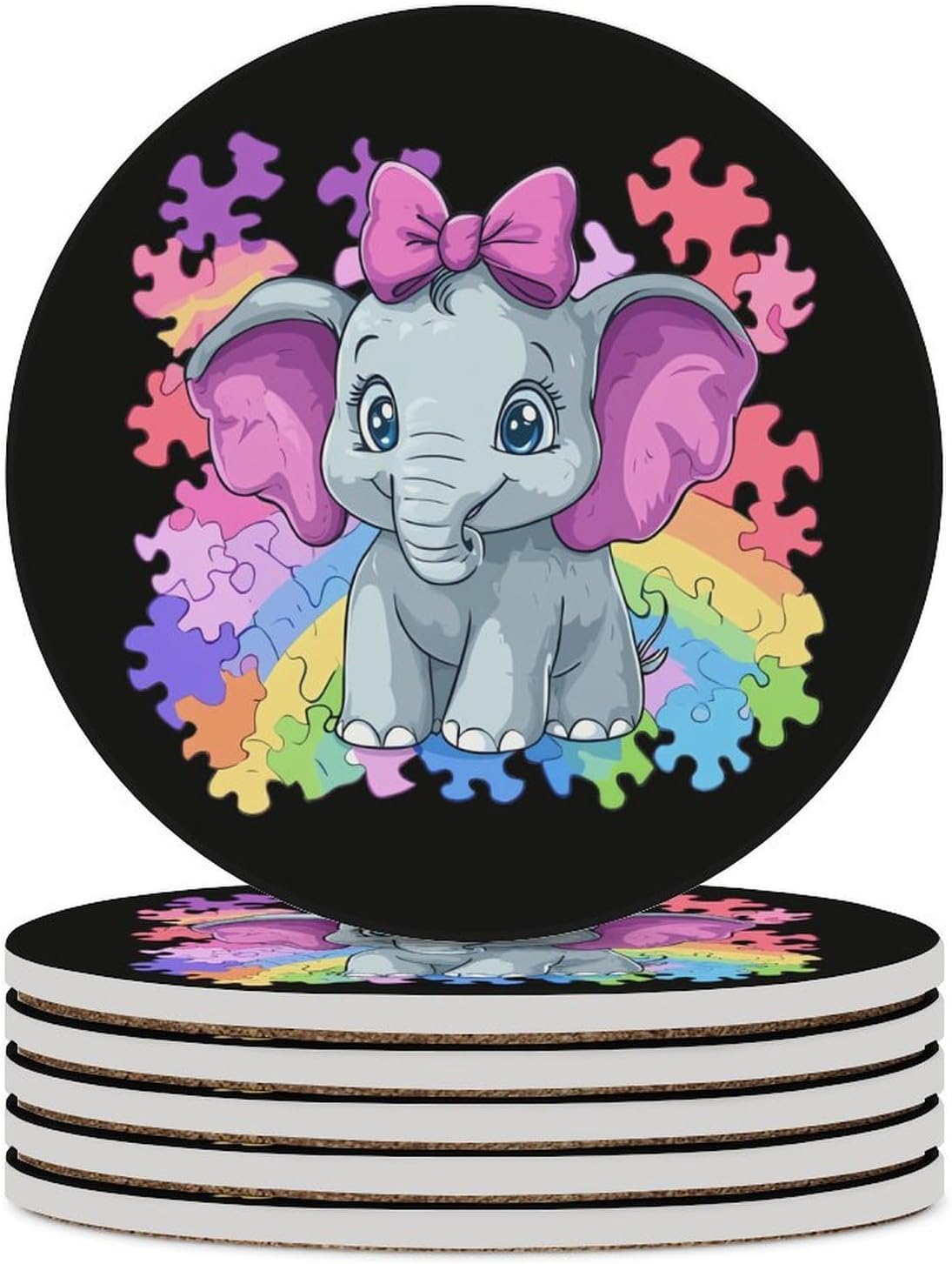 Autism Awareness Elephant Funny Round Ceramic Coasters for Drink Absorbent Cup Holders Tabletop Protection