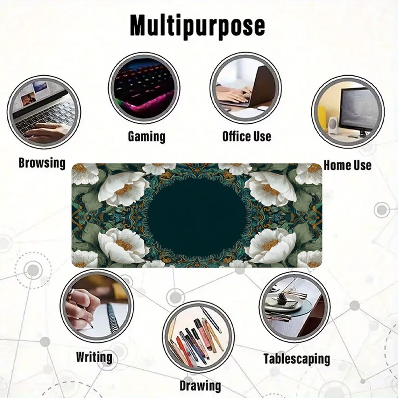 Podkładka pod mysz z kwiatami XXL 1000 x 500 mm, zielona podkładka pod mysz na biurko z wodoodporną powierzchnią i antypoślizgową podstawą, podkładka pod mysz do biura, komputera, poprawia dokładność