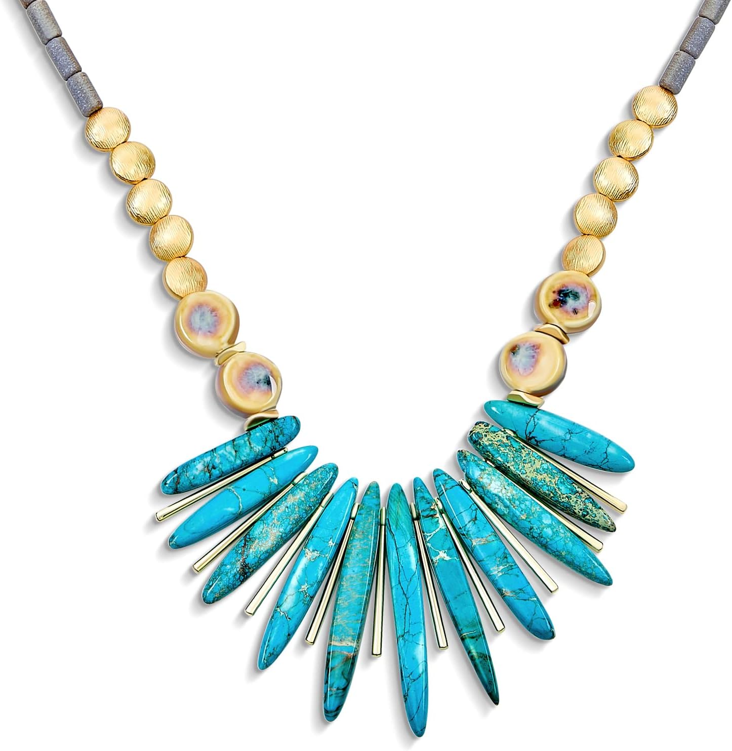 Bling Jewelry Blue Peck Organic Faceted Beads And Compress Turquoise Irregular Stone Bib Fan Statement Collar Choker Necklaces Western Jewelry For Women Teens Gold Plated Bead & Clasp Adjustable