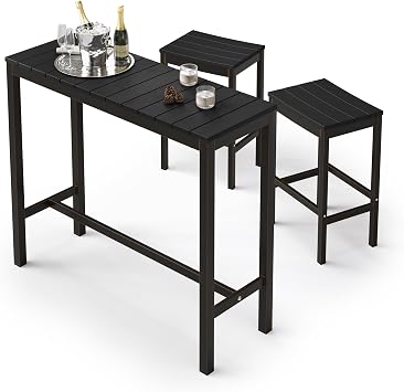 Cozyman Outdoor Bar Height Table and Chairs Set, 3 Piece Black Top and Bronze Leg Patio Pub Bar Set with 45" Slatted High Top Table and 2 Bar Stools for Balcony, Poolside, Yard