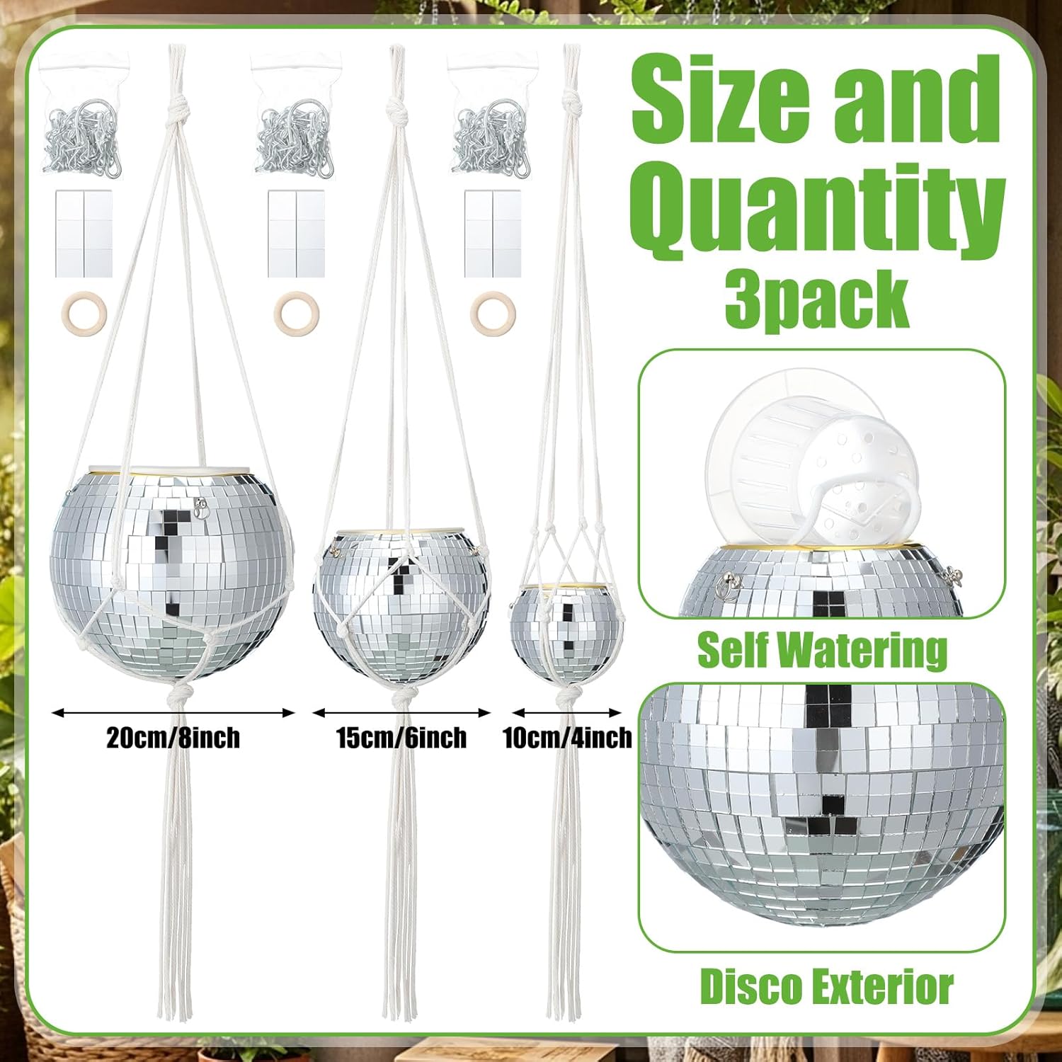 Novabright 3 Pcs 4" 6" and 10" Self Watering Disco Ball Planters, Mirror Disco Ball Hanging Planter Flower Pots with Hanging Rope and Chain, Hook, Circle and Extra Mirror Pieces, Gift for Plant Lovers