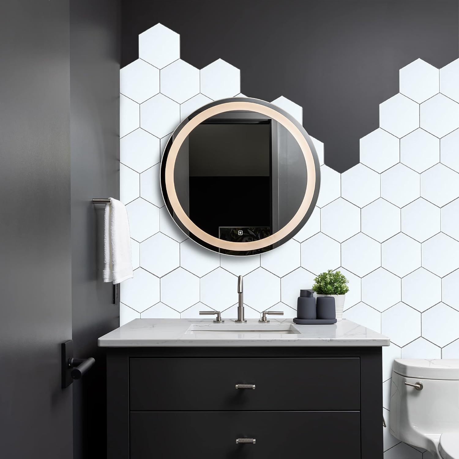 White Hexagon Peel and Stick Backsplash - Faux Ceramic Wall Tile, Aluminum Composite Honeycomb Stick on for Kitchen & Bathroom (32 Pieces)