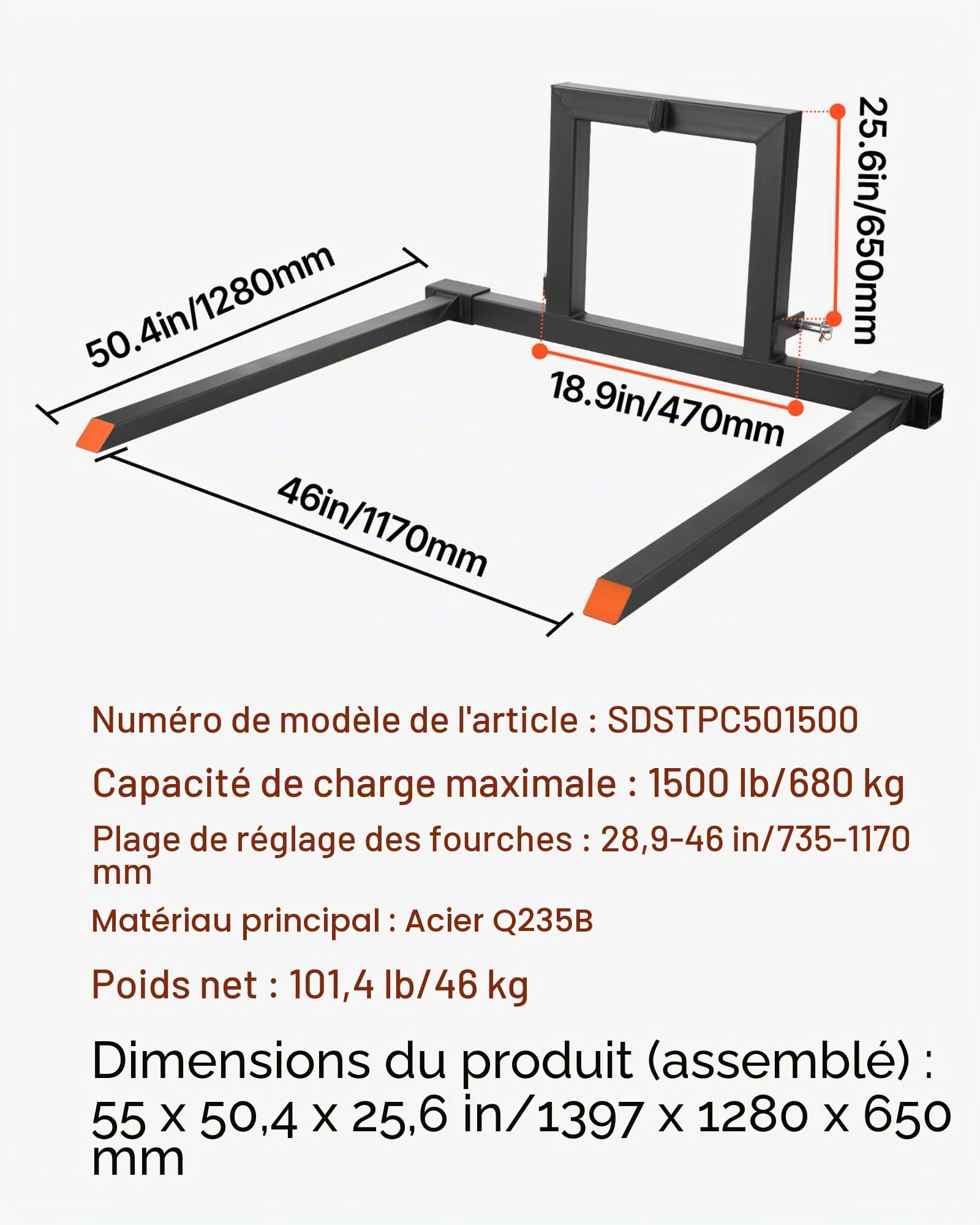 VEVOR Fourches à Palettes Attelage 3 Points Charge 680 kg Fourches à Palettes à Pince, Longueur Totale 128 cm, Largeur de Fourche Réglable 73,5-11,7 cm, Attache Rapide pour Tracteurs de Catégorie 1