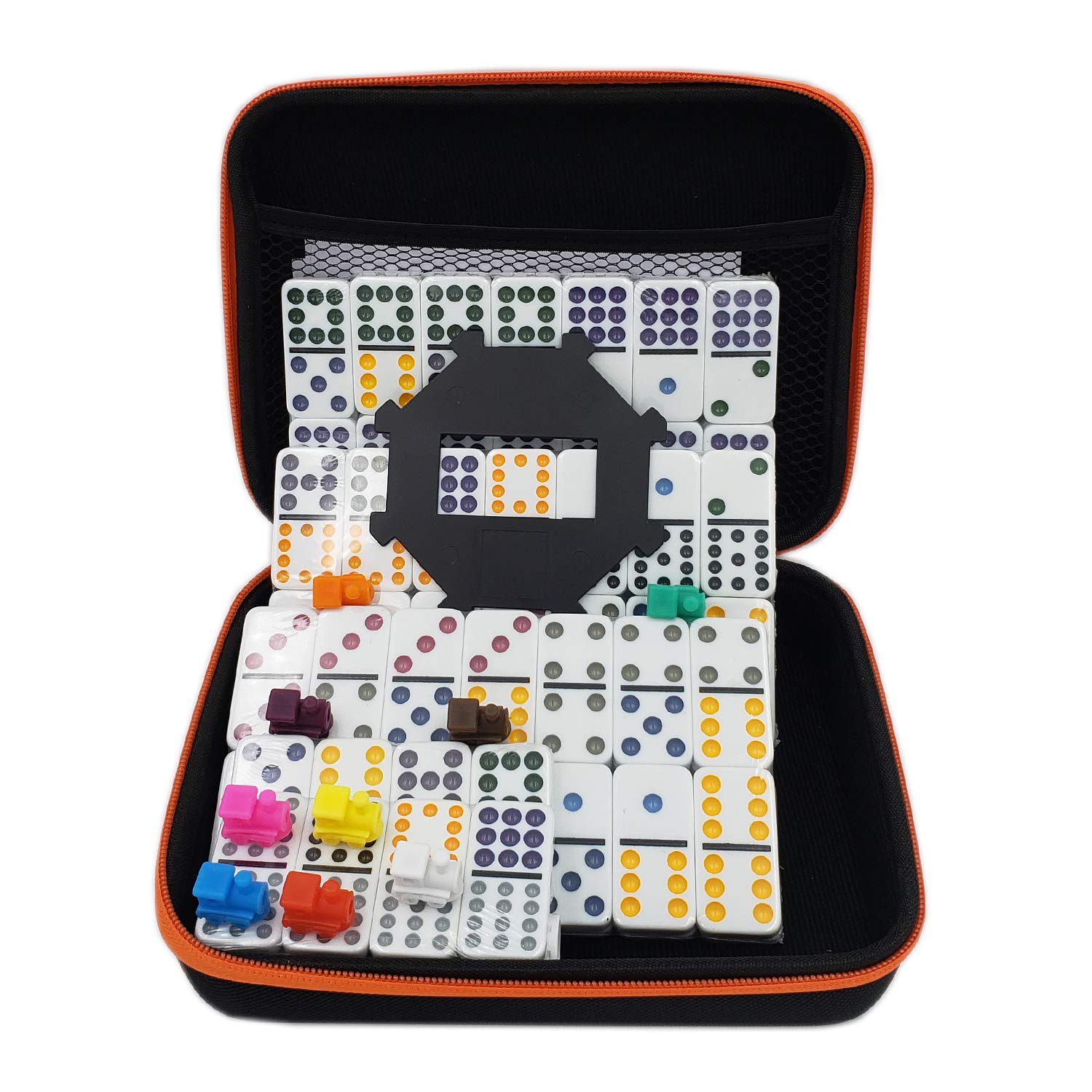 Jeu Dominos du Train Mexicain Double 12, 91 Dominos dans Boîte en Tissu avec 9 Trains, Livret d'Instructions, Blocs Score et Moyeu Octogone