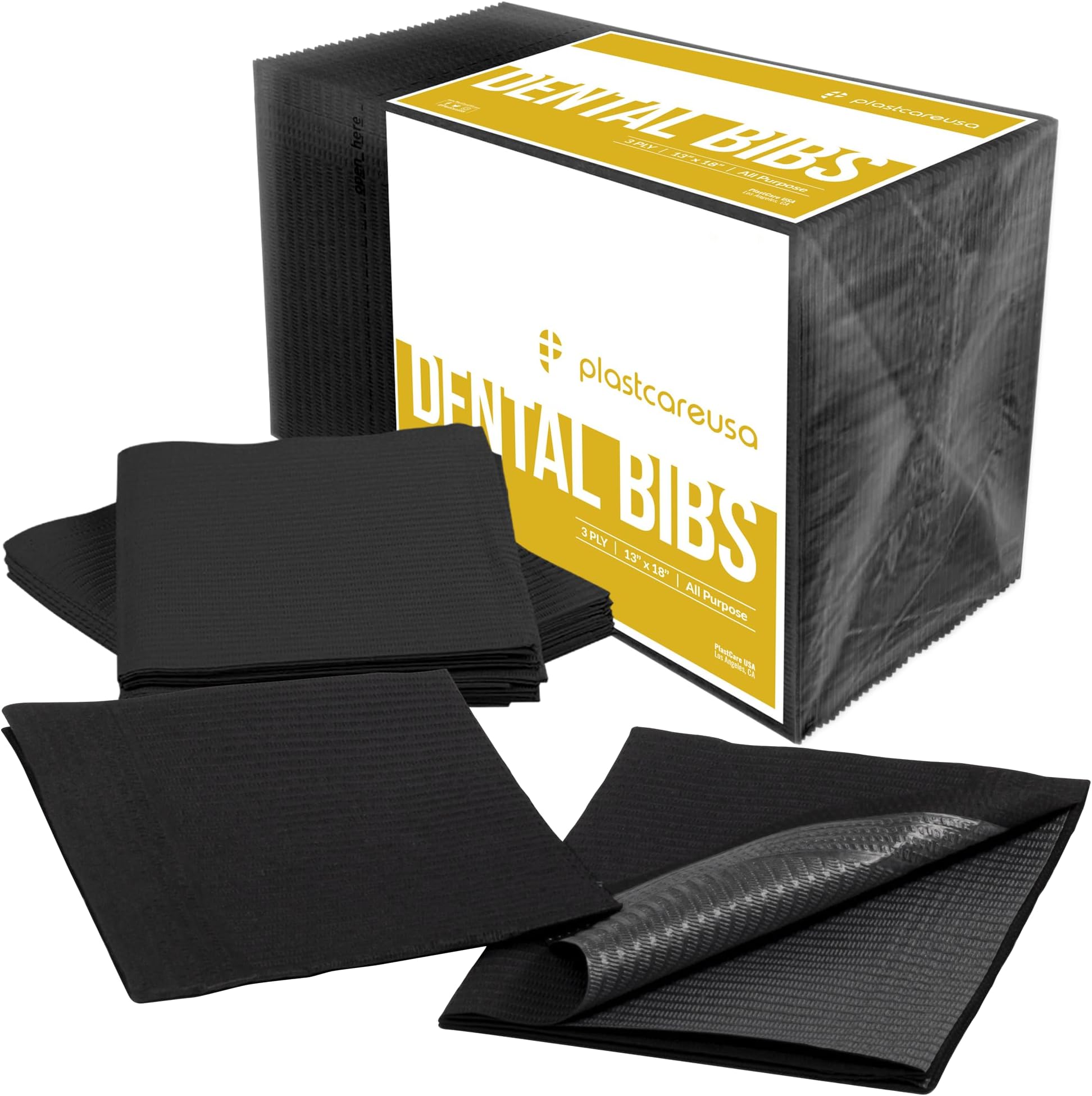 PlastCare USA 50 Black Disposable Adult Bibs, Dental Bibs for Women and for Men, Tattoo Piercing Waterproof Patient Bibs Measuring 13 Inches by 18 Inches