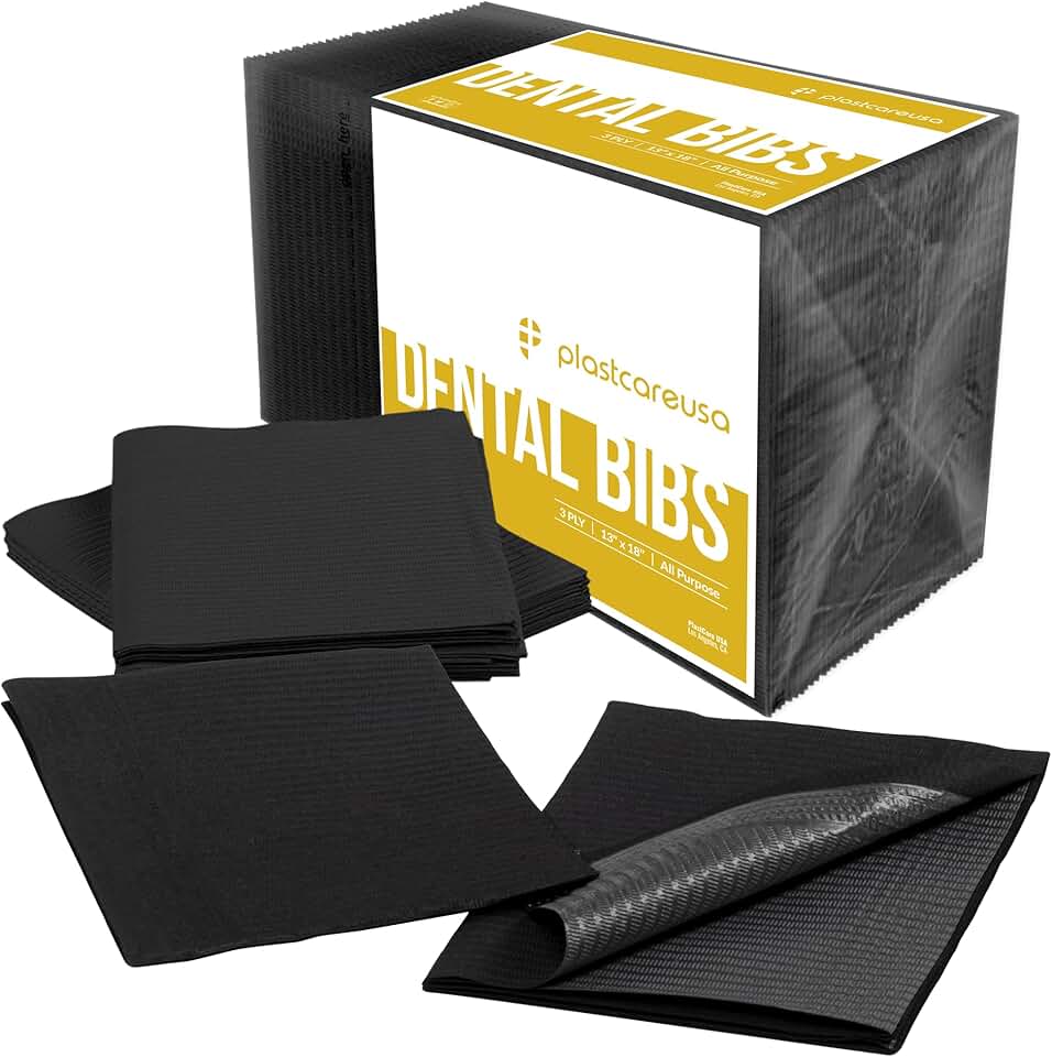 PlastCare USA 拋棄式 Dental Bibs 13"x18" - 3 Ply Waterproof Tattoo 圍兜 床單 適用於 Patients - Dentist or Medical Tray Cover 與 Nail Table Cover Supplies, Black