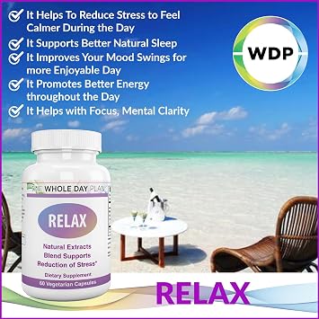 Relax - Support Supplement, Natural Stress Relief with Ashwagandha, Chamomile, L-Theanine Helps You to be Calm, Focused, and Improves Better Sleep, 60 Capsules