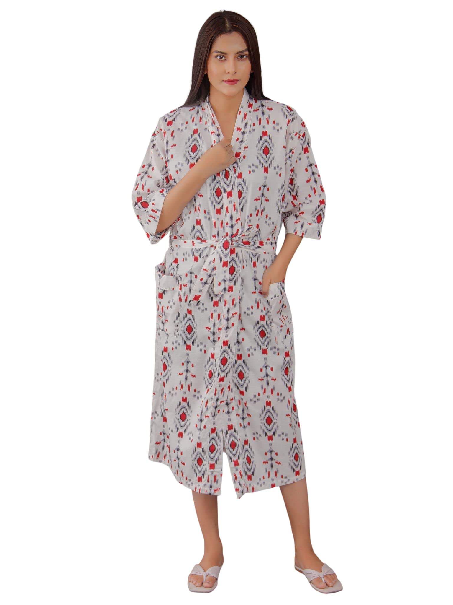 Bath robe, Cotton Robe, Kimono Indian Pure Cotton, Night Wear Suit Dressing Gown, white & Printed Kimono