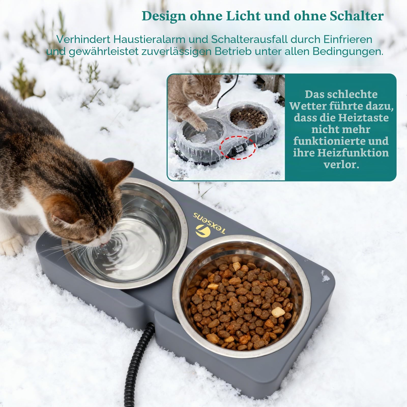 Beheizter Katzennapf für Haustiere im Freien – Doppelter Futternapf aus Edelstahl mit kaufester Schnur – vollständig wasserdichte Winter-Futterstation für Katzen und Hunde – je 575 ml