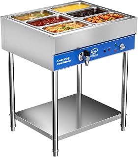 TOPKITCH 6팬 상업용 푸드 워머, 전기 스팀 테이블, 120V 1700W 스테인리스 스틸 뷔페 케이터링 푸드 워머, 언더선반 및 작업 공간 포함, 레스토랑용