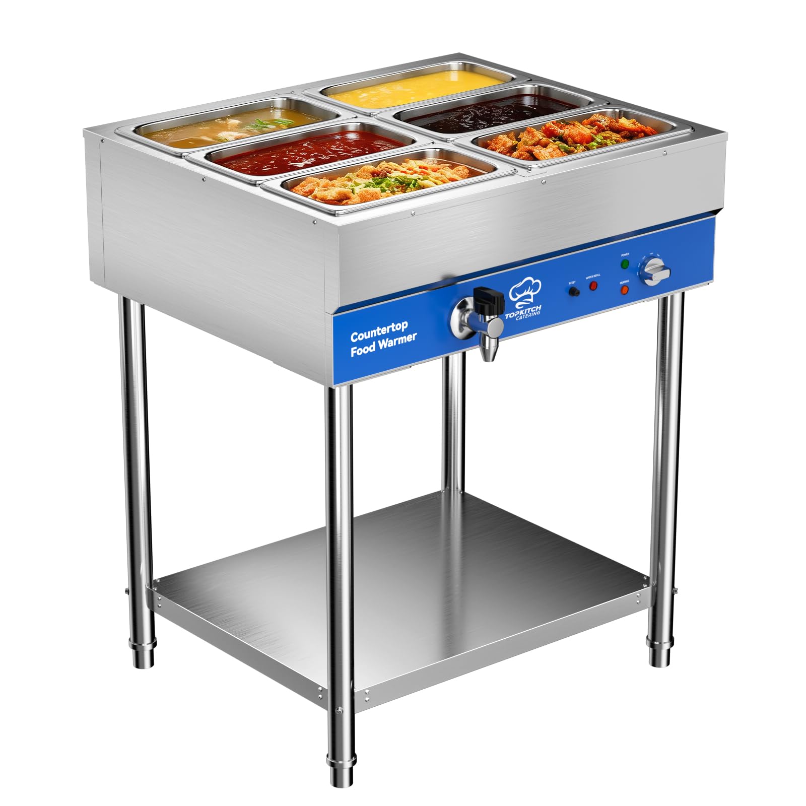 Condition photo showing New/Like New for 6-Pan Commercial Food Warmer, Electric Steam Table, 120V 1700W Stainless Steel Buffet Catering Food Warmer with Undershelf and Workspace, for Restaurant.